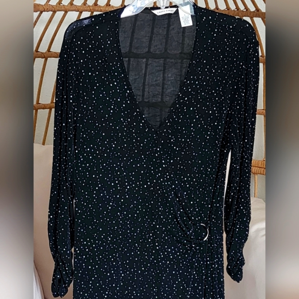 Laura Ashley Black White Polka Dot Wrap Dress Stretch Pull Over Size L